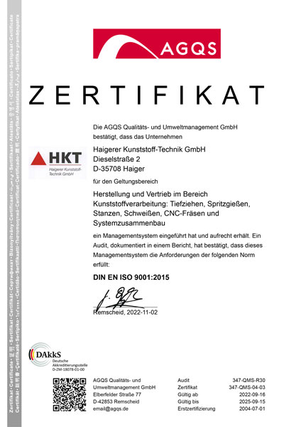AGQS Zertifikat für Haigerer Kunststoff Technik